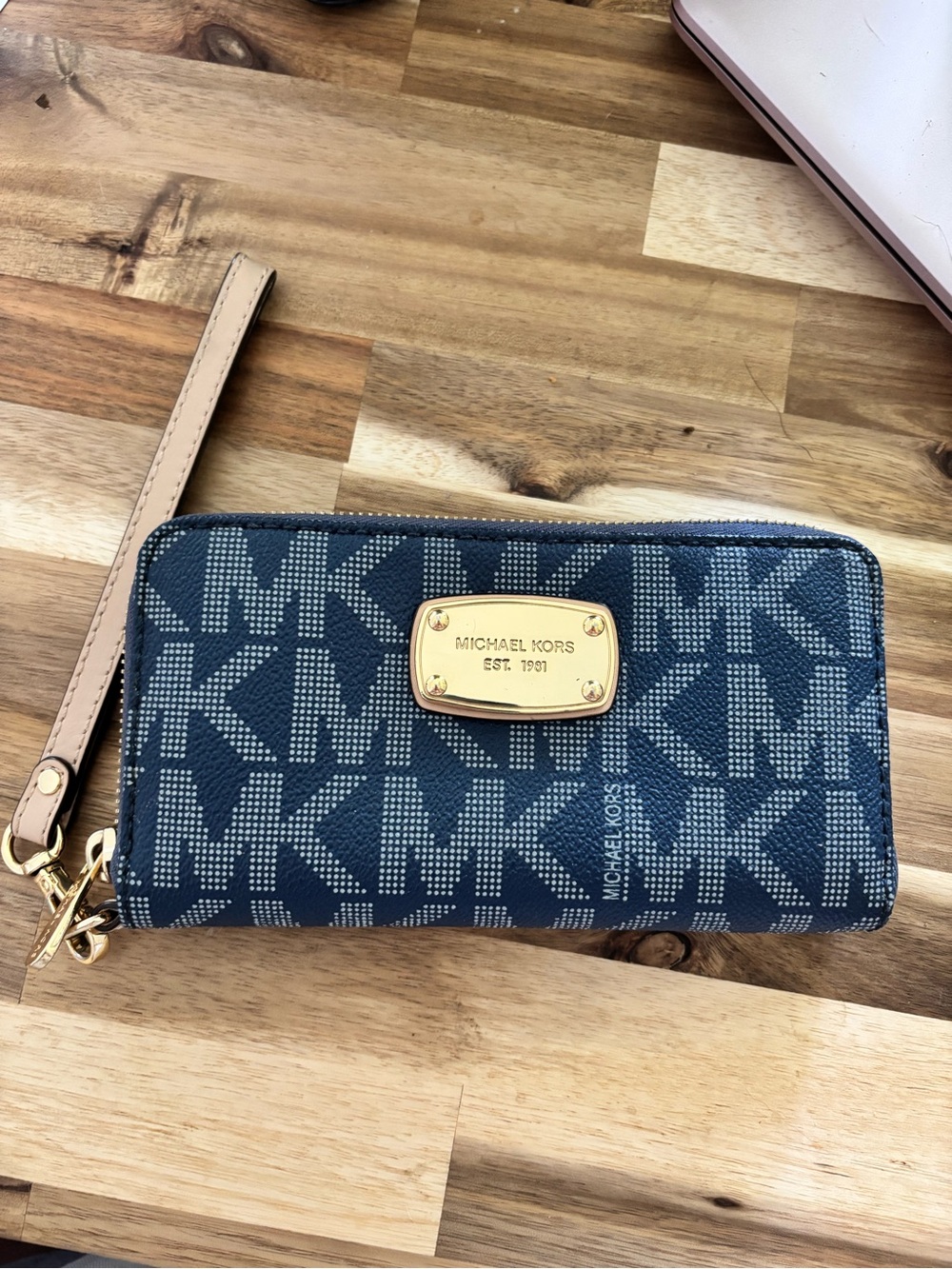 Michael Kors Navy and Tan Logo Zip Wristlet with Gold Plate